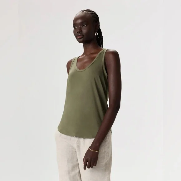 Quince Cotton Modal Double Scoop Neck Tank- Green- Large - Picture 3 of 11